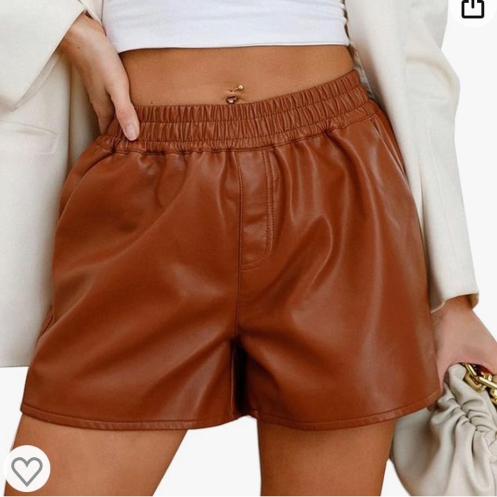 Women’s Casual High Waisted Stretchy Faux Leather Shorts, Brown, Sz 3XL
